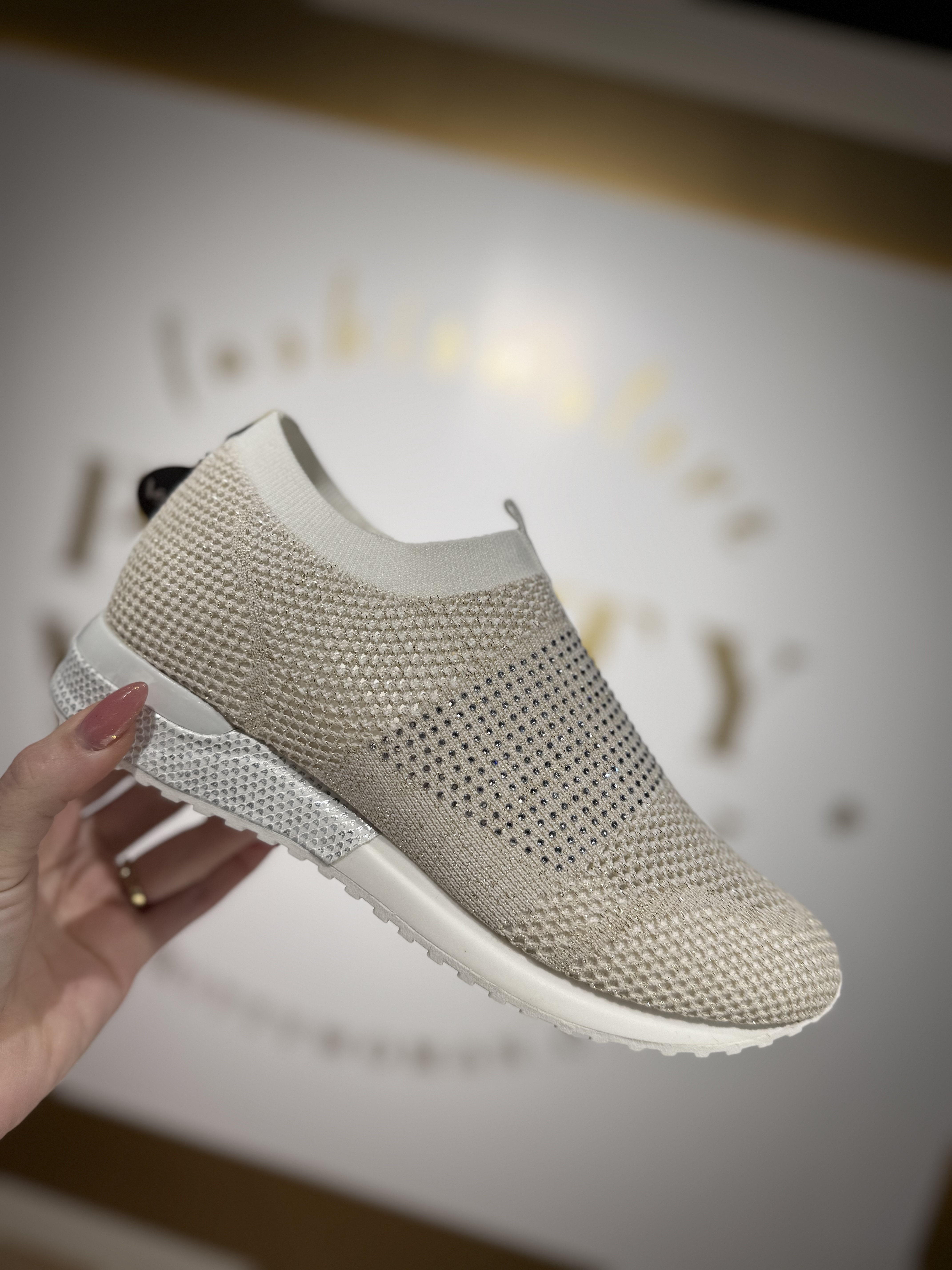 La Strada Sneaker White Gold Knitted Stones