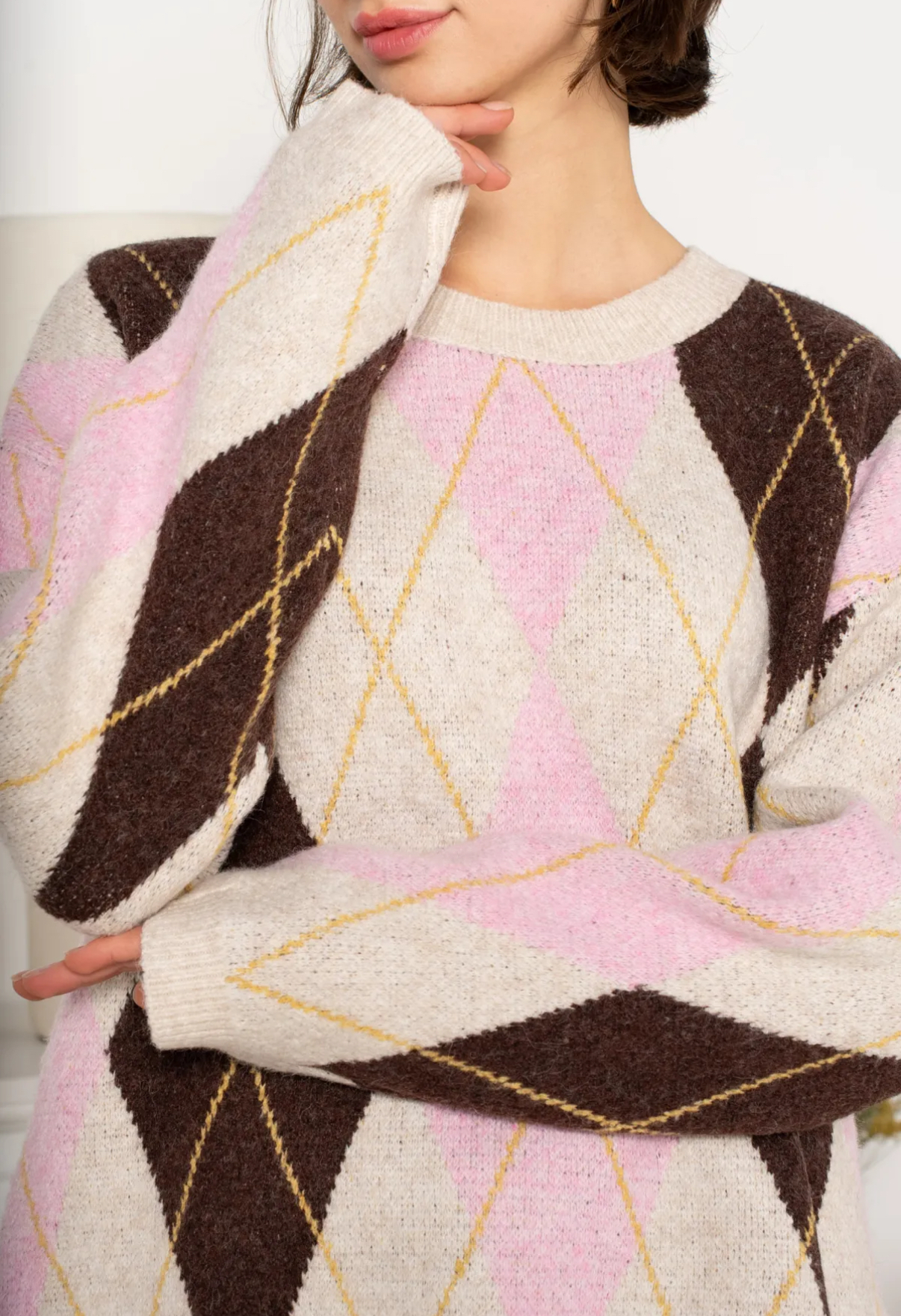 Ruitjes trui roze beige